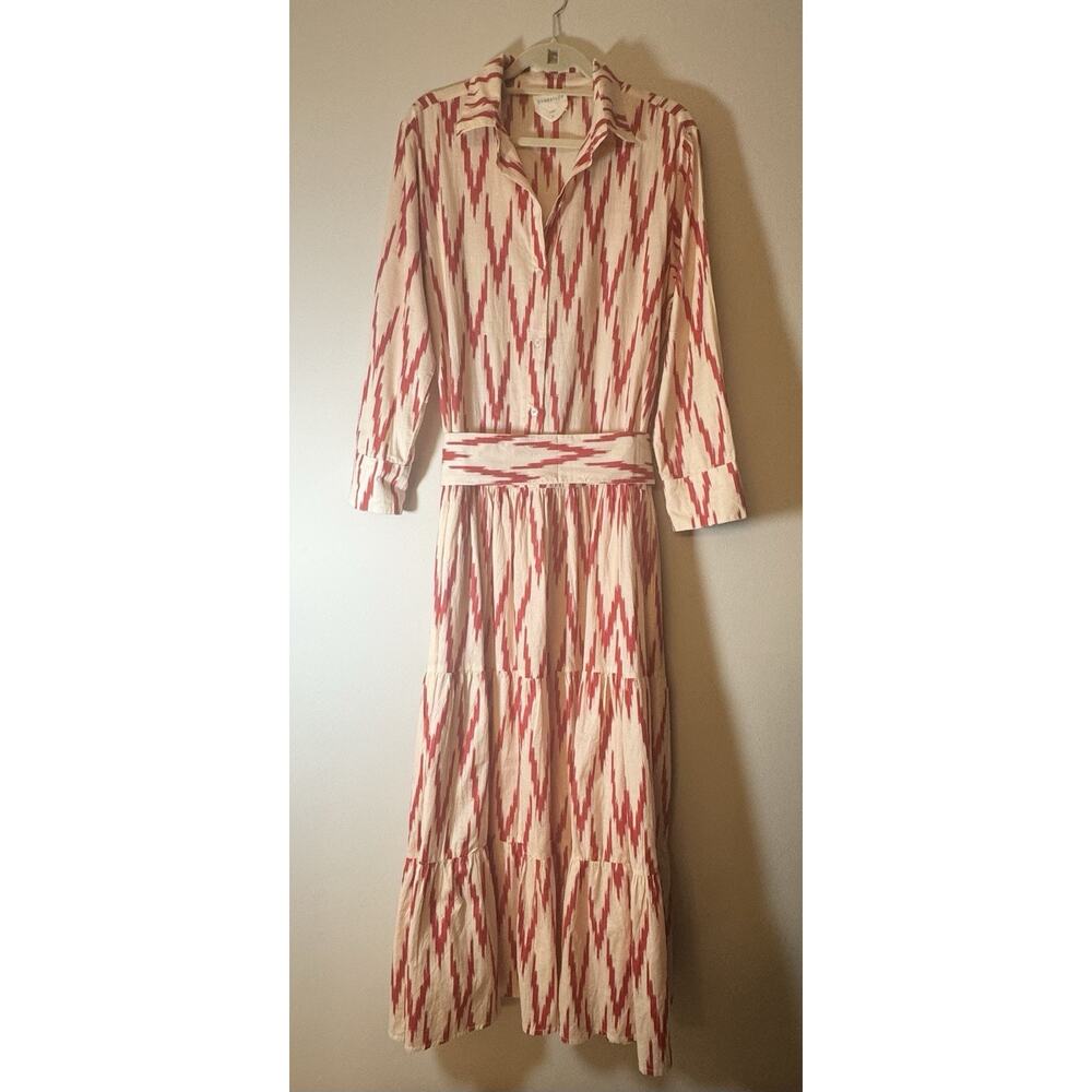 Guadalupe SZ Large Meredith Red Ikat Dress drop waist 1/4 button Cottagecore
